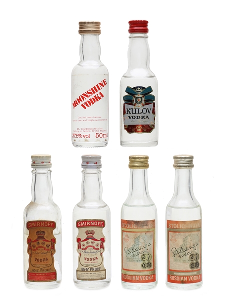 Assorted Vodkas Kulov, Moonshine, Smirnoff, Stolichnaya 6 x 5cl