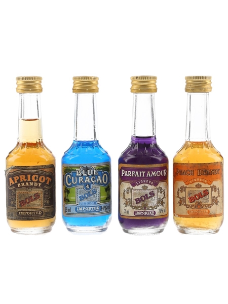 Bols Apricot Brandy, Blue Curacao, Parfait Amour & Peach Brandy Bottled 1970s & 1980s 4 x 3.5cl