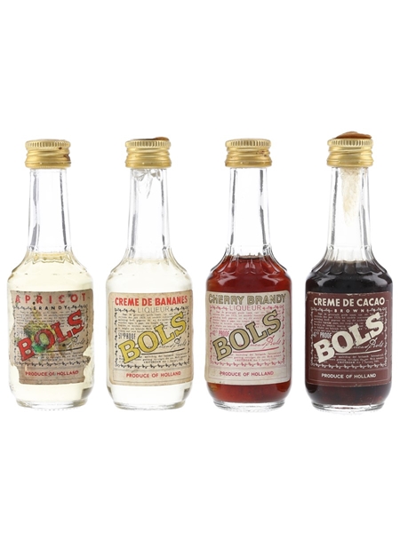 Bols Apricot Brandy, Creme de Bananes, Cherry Brandy & Creme De Cacao Bottled 1970s 4 x 3.5cl