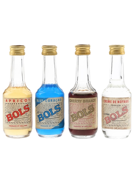 Bols Apricot Brandy, Blue Curacao, Cherry Brandy & Creme De Noyaux Bottled 1970s 4 x 3.5cl