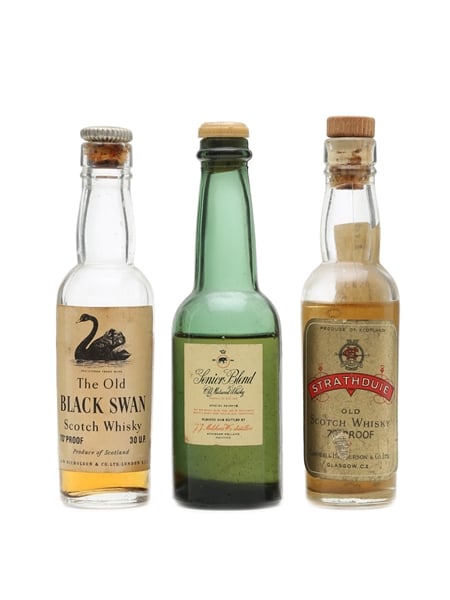 Black Swan, Strathduie & Senior Blend Scotch Whisky Bottled 1960s 3 x 5cl