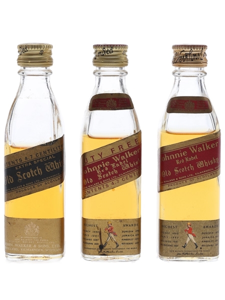 Johnnie Walker Black & Red Label Bottled 1970s-1980s 3 x 4.7cl & 5cl