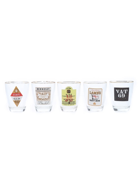 Assorted Shot Glasses Gilbey's, Hennessy, J & B, Lamb's, Vat 69 