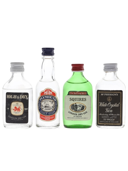 High & Dry, Plymouth, Squires & White Crystal Gin Bottled 1970s 4 x 5cl / 40%