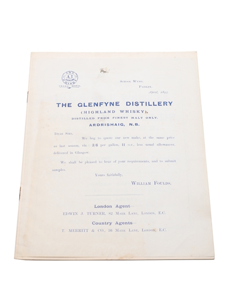 William Foulds List Of Old Scotch Whiskies, April 1893 Wholesale Price List 