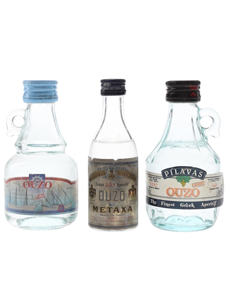 Ouzo, Metaxa & Pilavas Greek Ouzo Bottled 1970s & 1980s 3 x 4.5cl-10cl / 40%