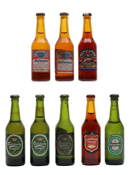 Assorted Tiny Beer Bottles Budweiser, Bulldog, Carlsberg, Heineken & London Pride 8 x 1cl