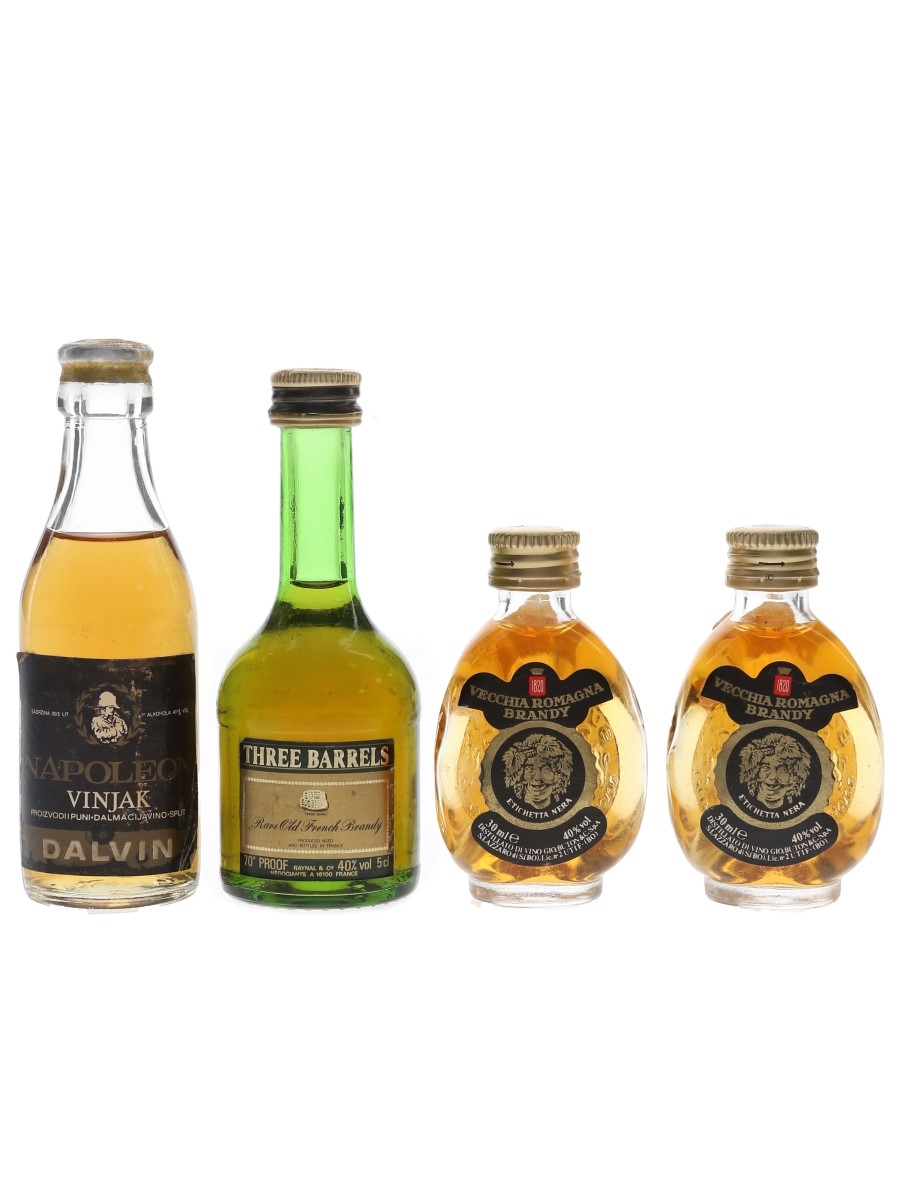 Dalvin, Vecchia Romagna & Three Barrels Brandy  4 x 3cl - 5cl / 40%