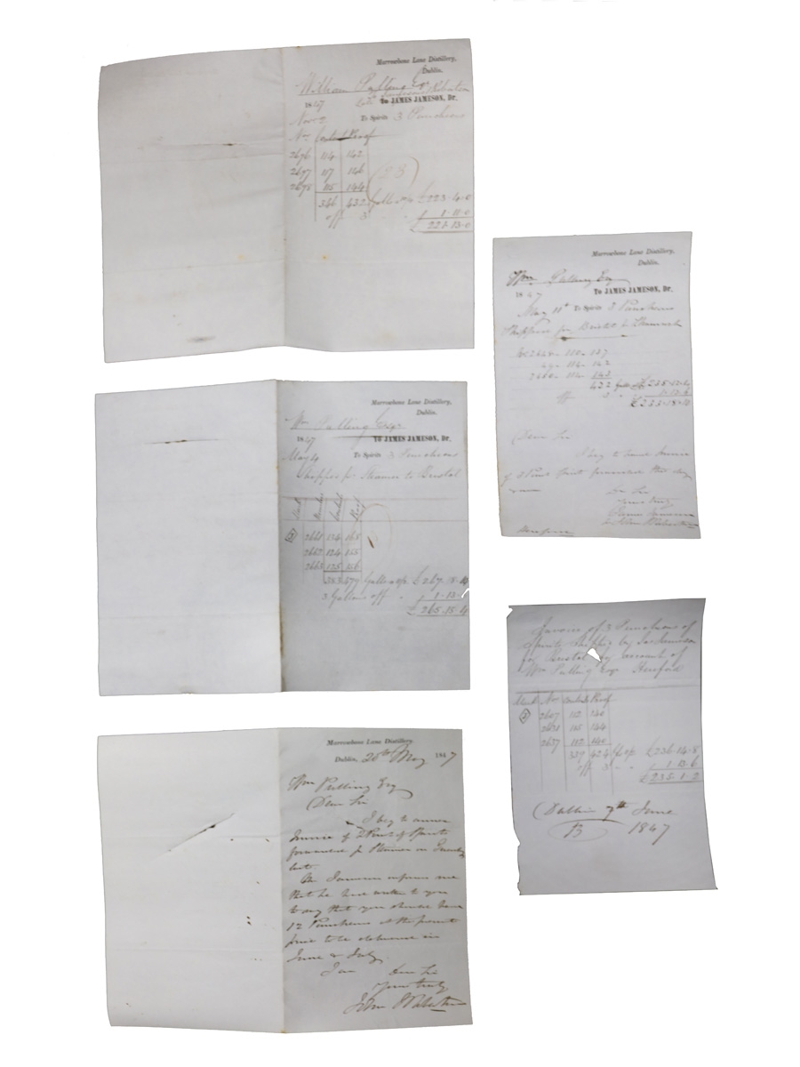 James Jameson Marrowbone Lane Distillery Invoices, Dated 1847 William Pulling & Co. 