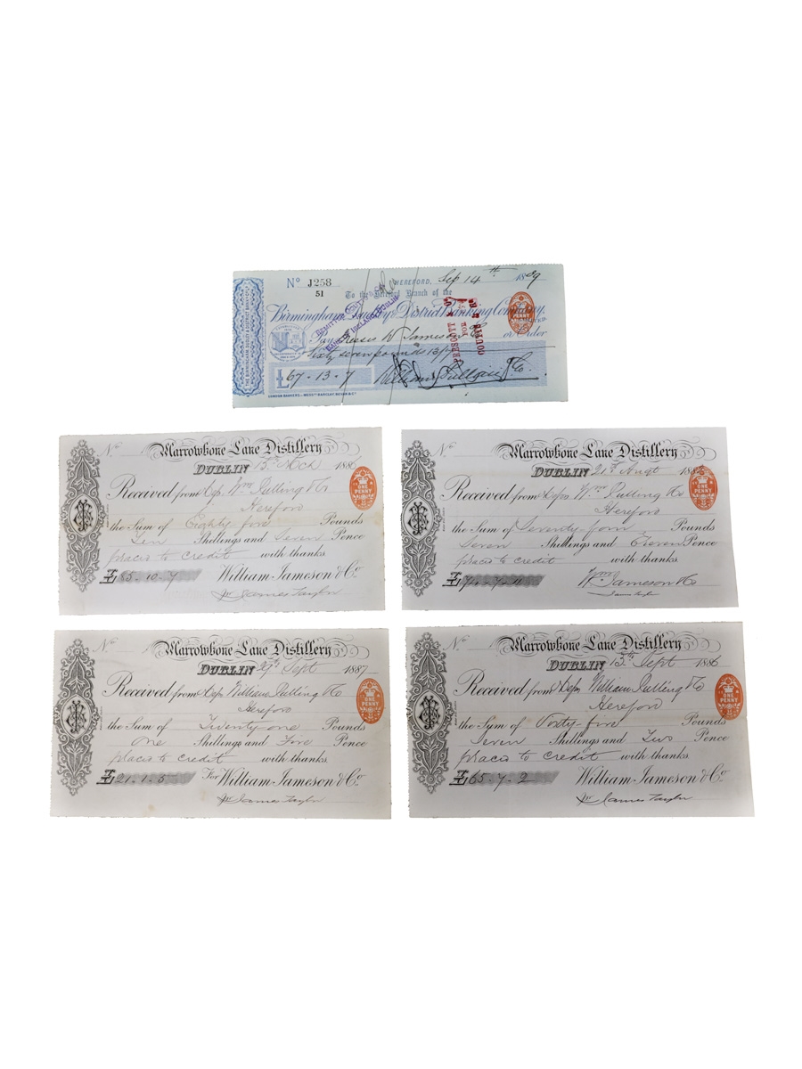 William Jameson Marrowbone Lane Distillery Receipts & Cheque, Dated 1886-1889 William Pulling & Co. 
