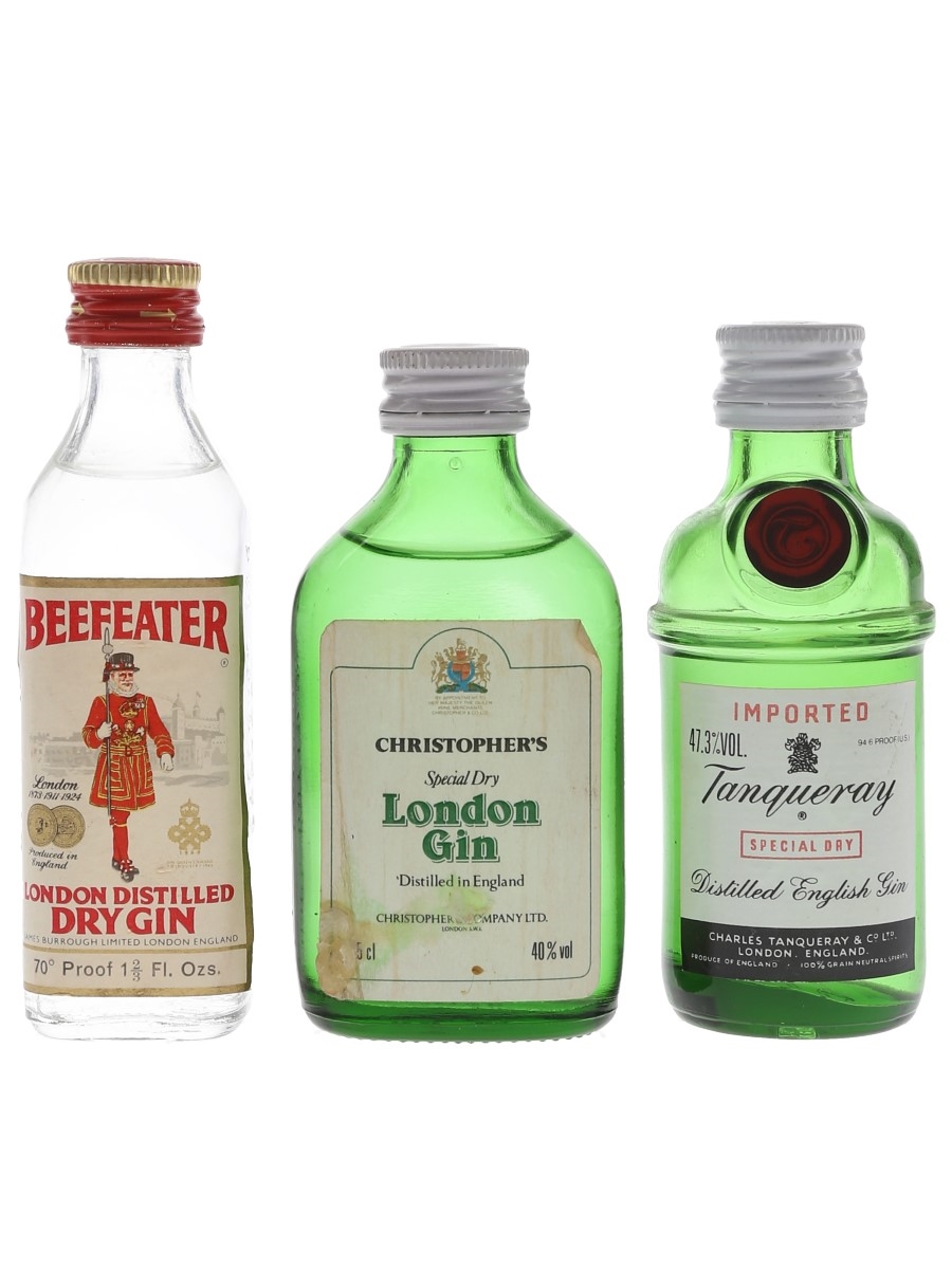 Beefeater, Christopher's & Tanqueray Bottled 1970s-1980 3 x 4.7cl-5cl