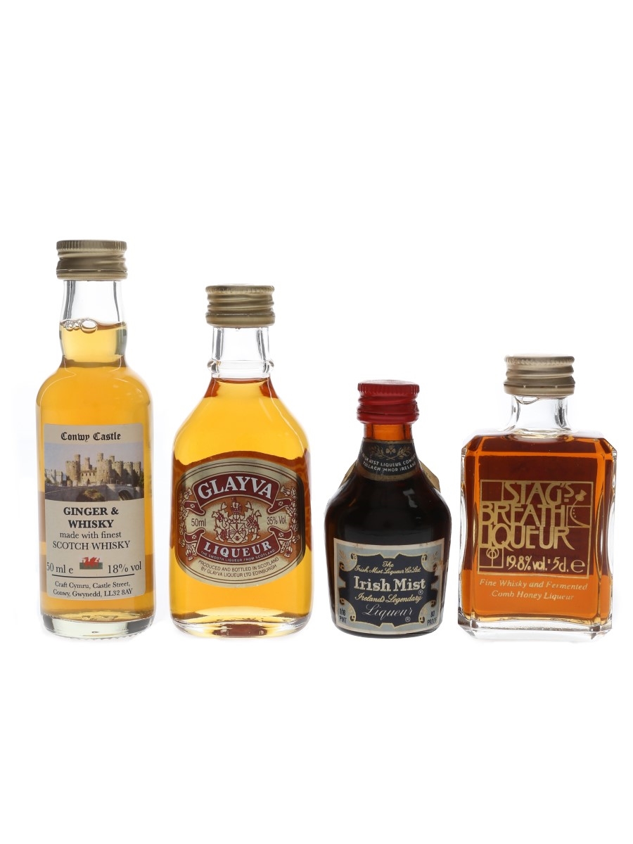 Assorted Whisky Liqueurs Conwy Castle, Glayva, Irish Mist, Stag's Breath 4 x 3.5cl-5cl