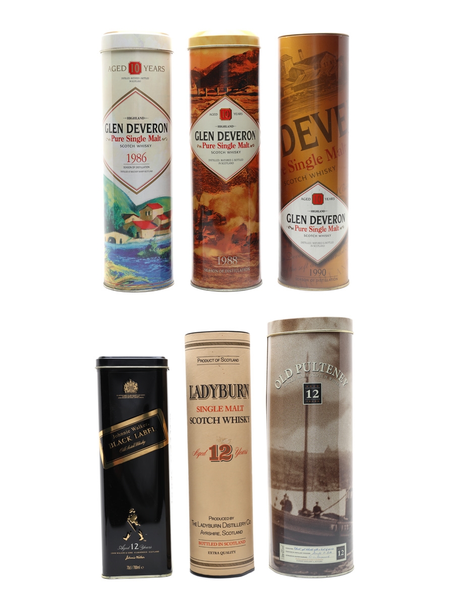 Assorted Whisky Tins & Tubes - Empty Glen Deveron, Johnnie Walker, Ladyburn, Old Pulteney 