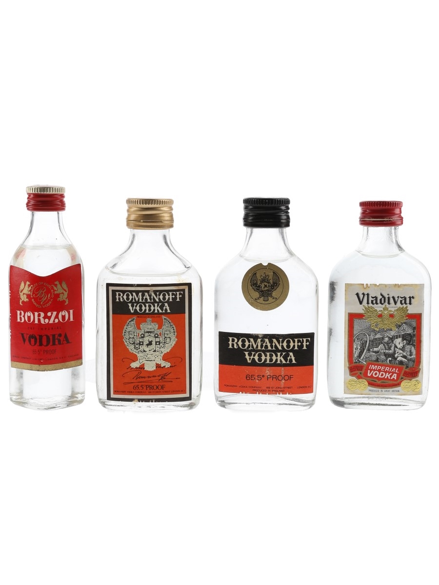 Borzoi, Romanoff & Vladivar Vodka Bottled 1970s 4 x 5cl / 37.4%