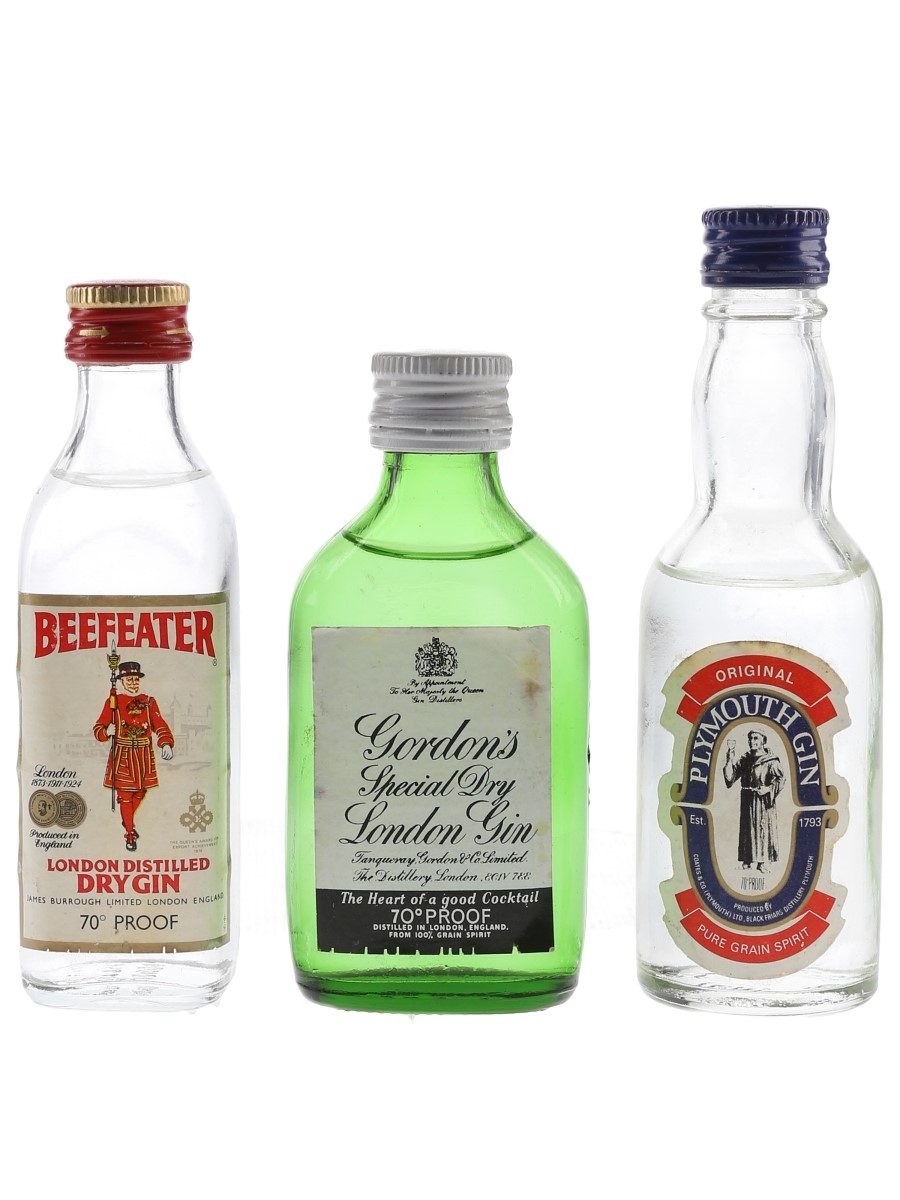 Beefeater, Gordon's & Plymouth Gin Bottled 1970s 3 x 5cl