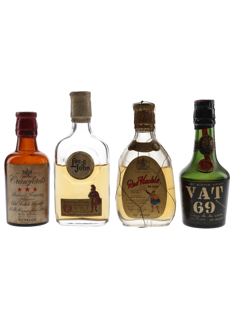 Crawford's, Long John, Red Hackle & Vat 69 Bottled 1950s-1960s 4 x 5cl