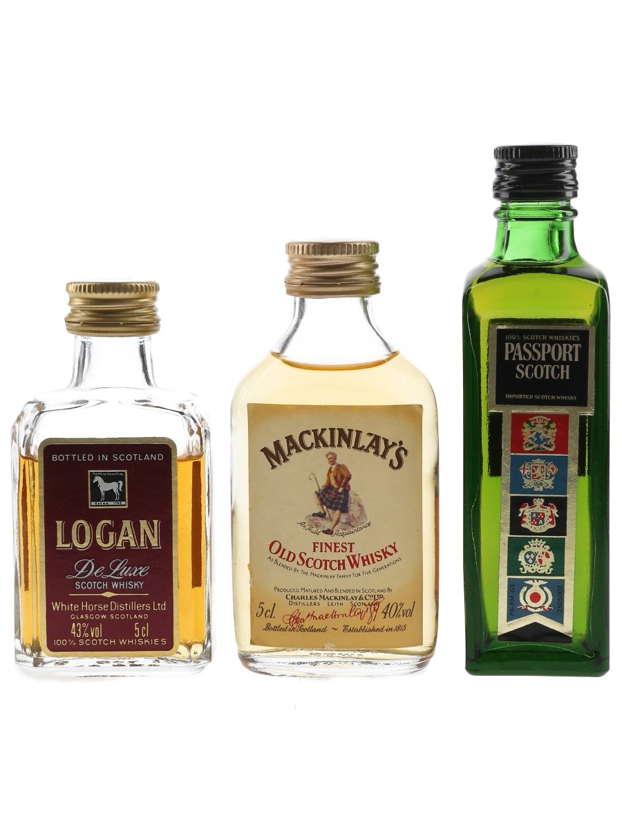 Logan De Luxe, Mackinlay's & Passport Scotch Bottled 1970s & 1980s 3 x 5cl