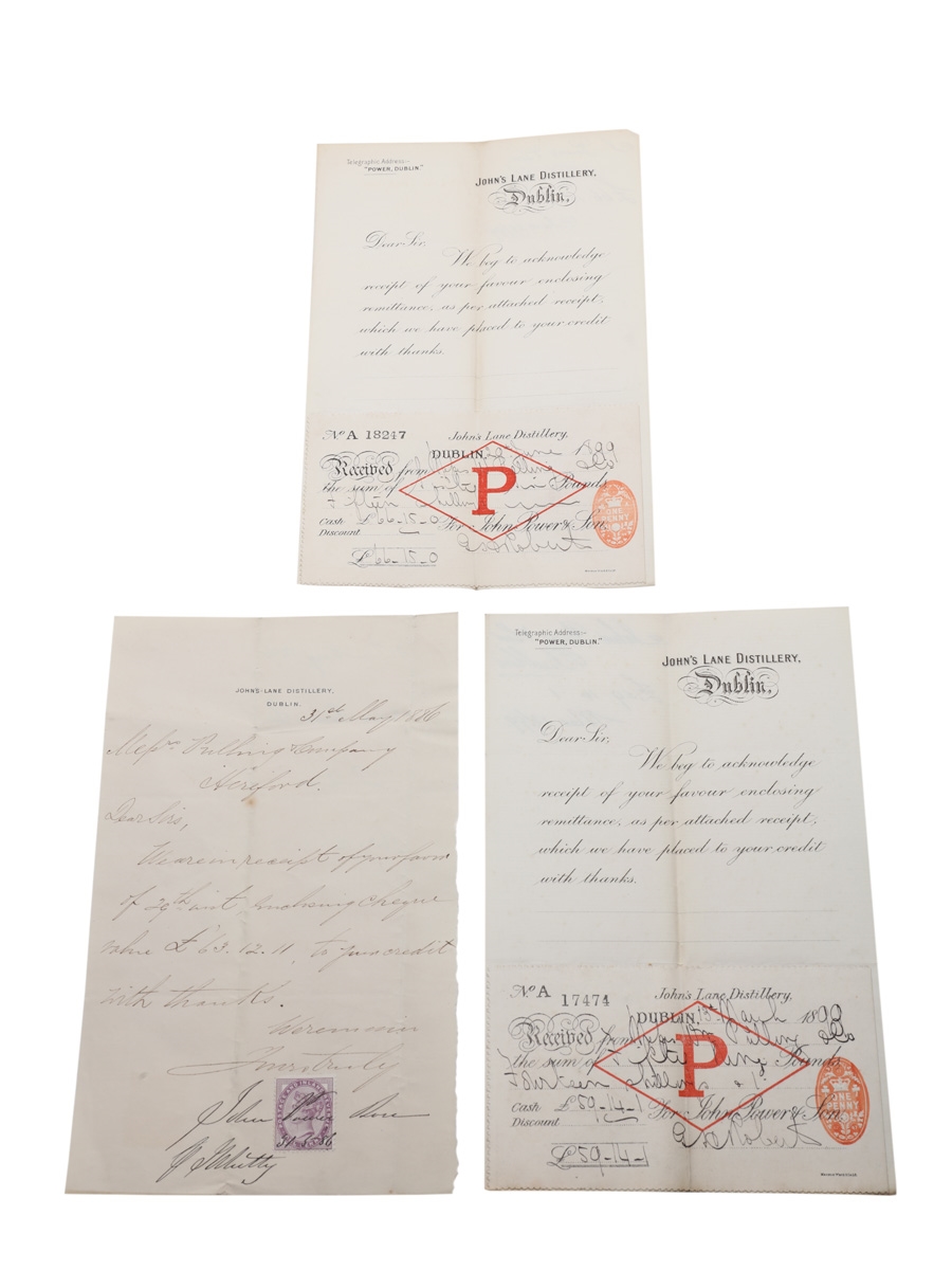 John Power & Son, Dublin Purchase Receipts Dated 1886-1899 William Pulling & Co. 