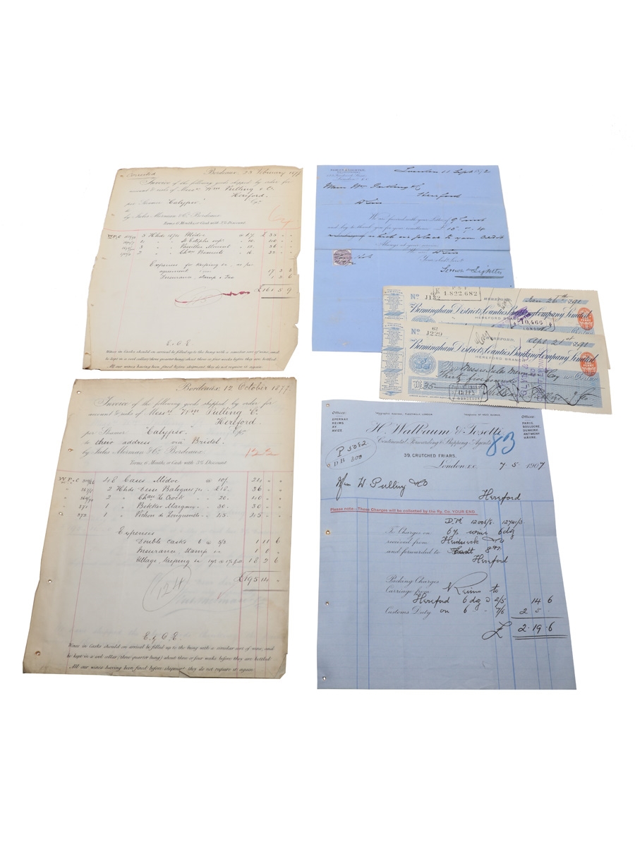 Assorted Invoices, Cheques & Purchase Receipt Dated 1872-1907 William Pulling & Co. 
