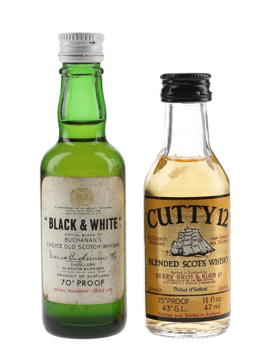 Black & White & Cutty Sark Bottled 1970s 2 x 4.7cl-5cl