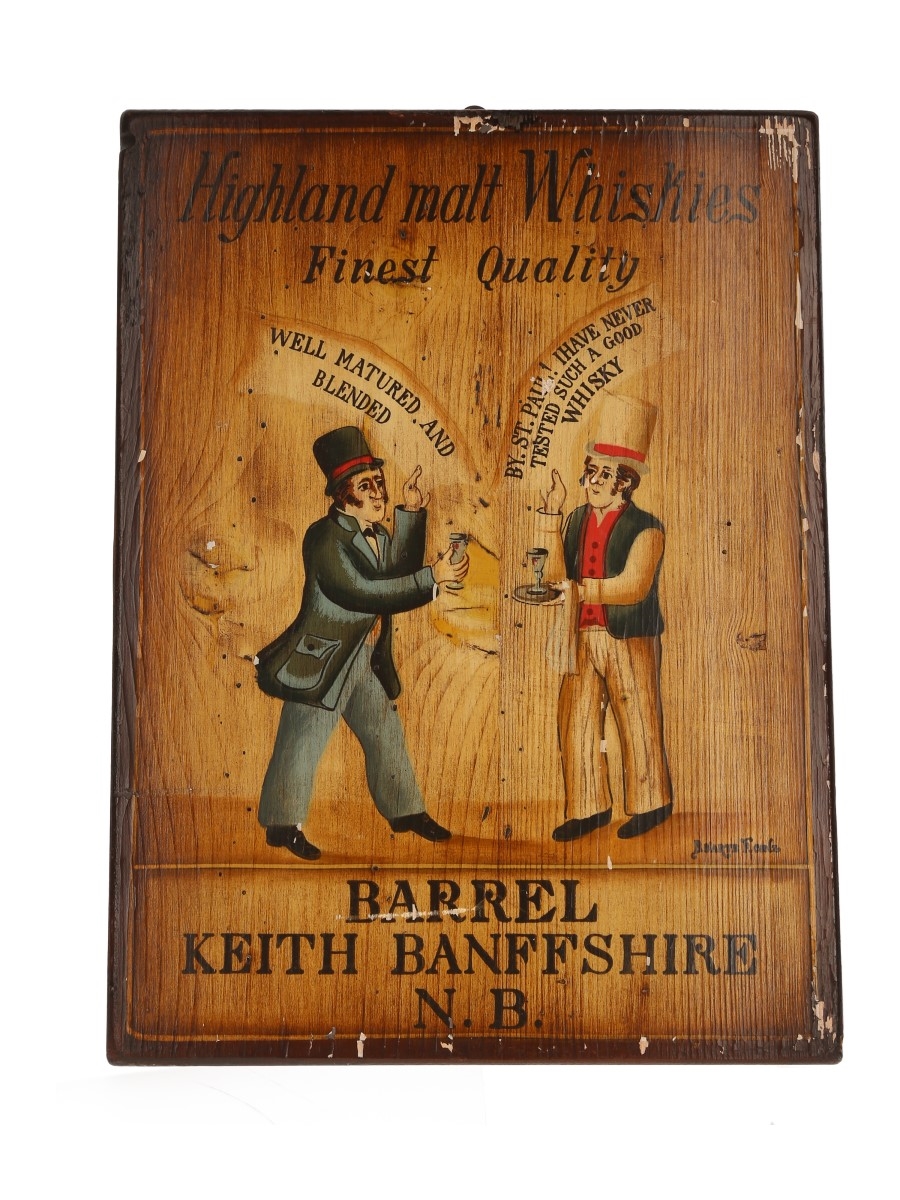 Highland Malt Whiskies Barrel Keith Banffshire N.B Painting on Wood Panel B. D'Arte F. Conz. 39.6cm x 29.6cm