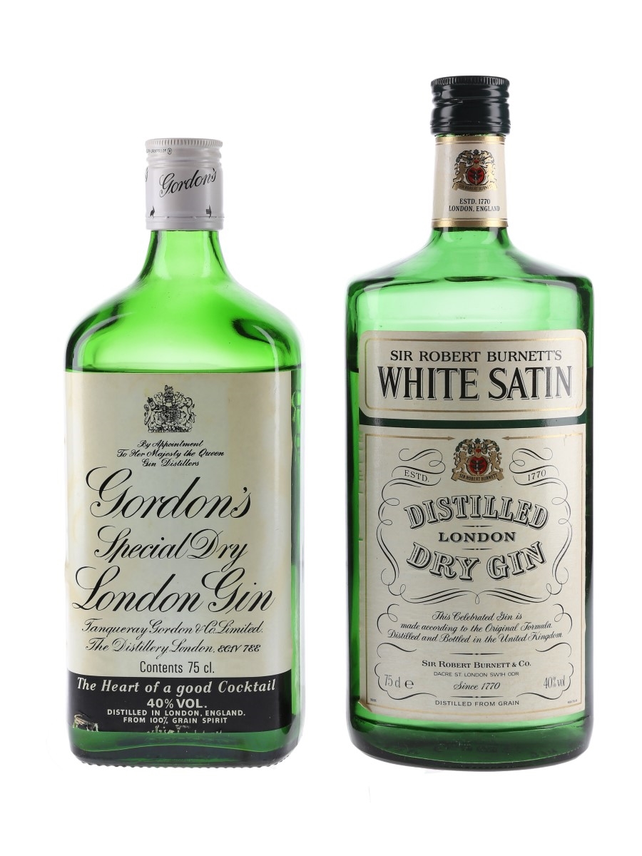 Gordon's Special Dry London and Sir Robert Burnett's White Satin Gin Bottled 1980s 75cl / 40%