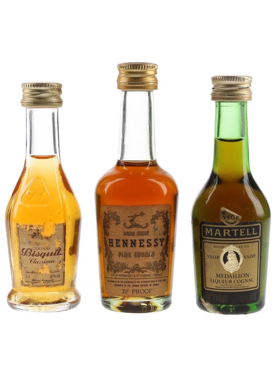 Bisquit Classique, Hennessy Bras Arme & Martell VSOP Bottled 1970s-1980s 3 x 3cl-5cl / 40%