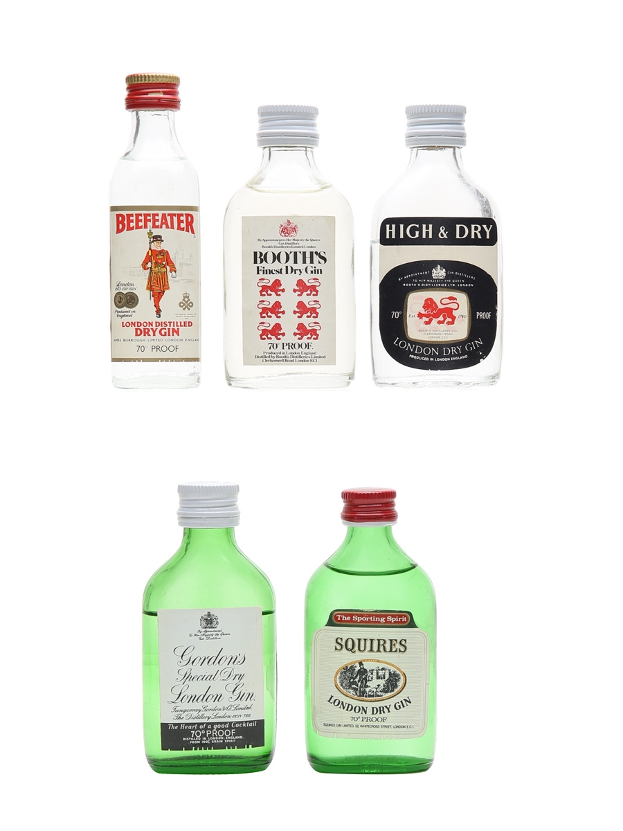 Booth's, Beefeater, Gordon's, High & Dry & Squires Bottled 1970s 5 x 5cl