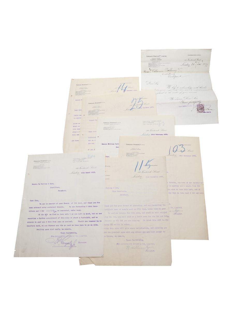 Gonzalez, Byass & Co Correspondence & Purchase Receipts Dated 1899-1909 William Pulling & Co. 