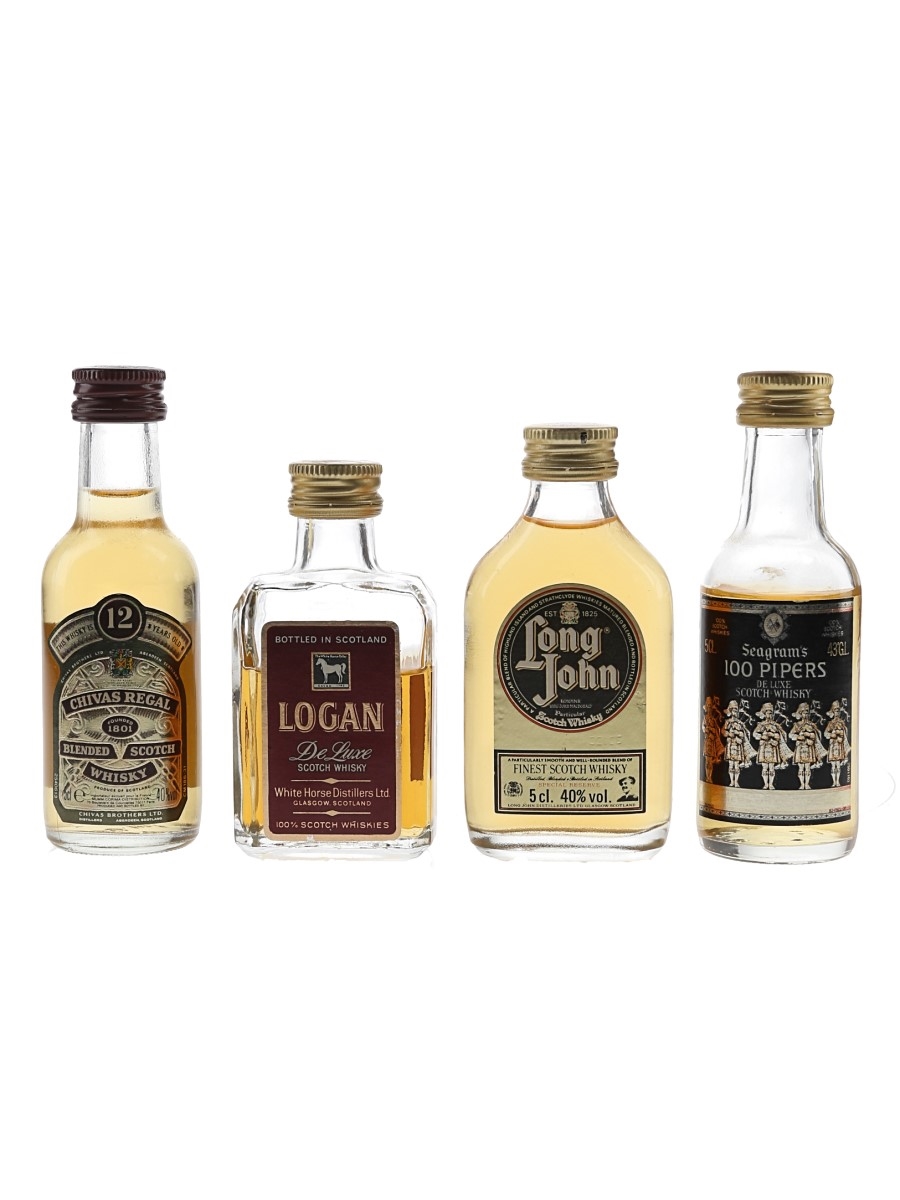 Seagram's 100 Pipers, Logan, Long John & Chivas Regal 12 Year Old Bottled 1970s 4 x 5cl