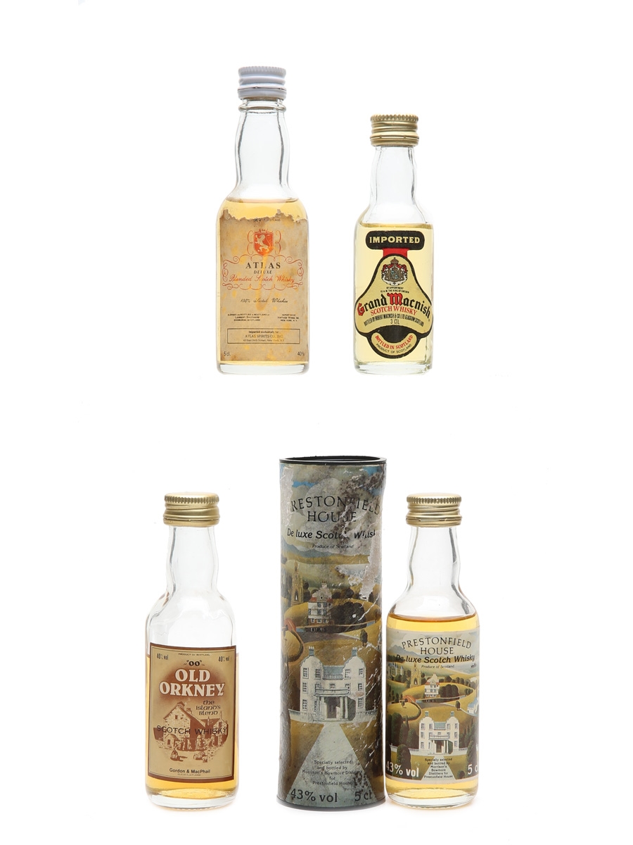 Grand Macnish, Old Orkney, Atlas & Prestonfield House Bottled 1970s - 1980s 4 x 5cl, 3cl