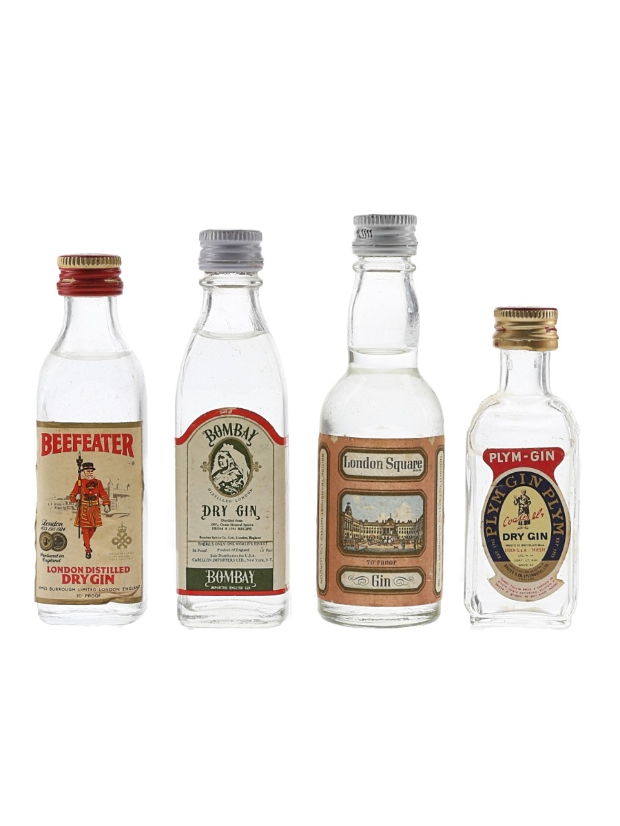 Beefeater, Bombay, London Square & Plym Gin Bottled 1970s & 1980s 4 x 3cl-4.7cl