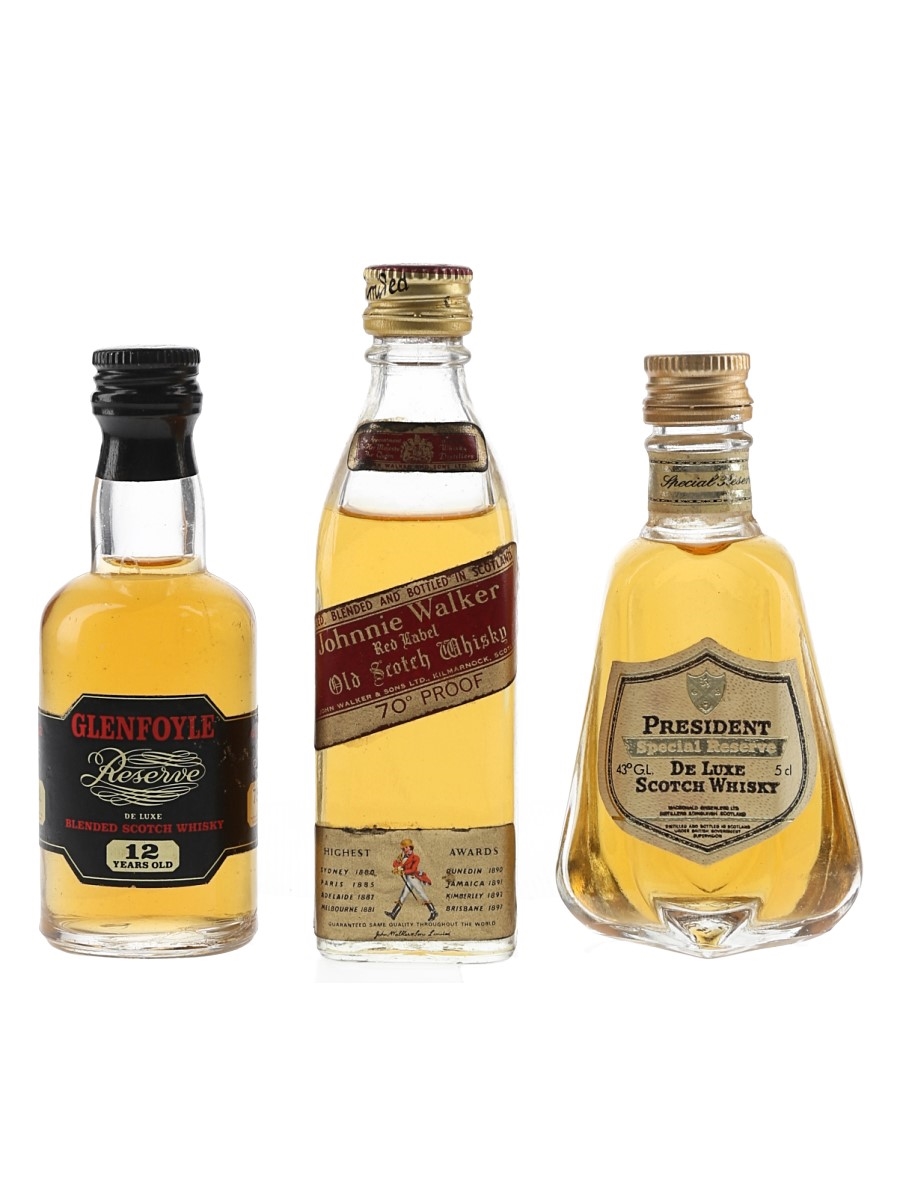 Glenfoyle 12 Year Old, Johnnie Walker Red Label & President  Special Reserve Bottled 1970s-1980s 3 x 4cl-5cl