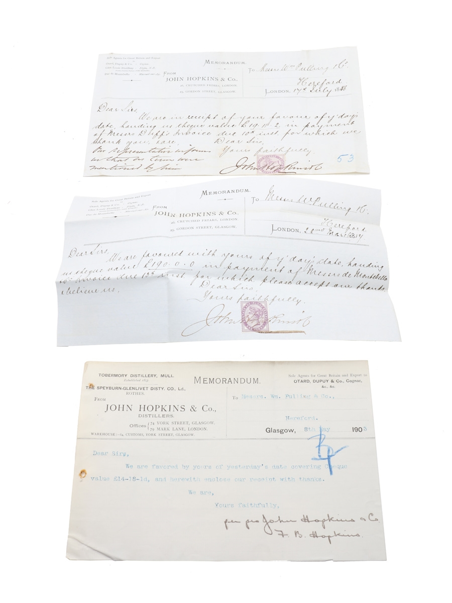 John Hopkins & Co. Assorted Correspondence, Invoices, Purchase Receipts & Cheques, Dated 1889-1903 William Pulling & Co. 