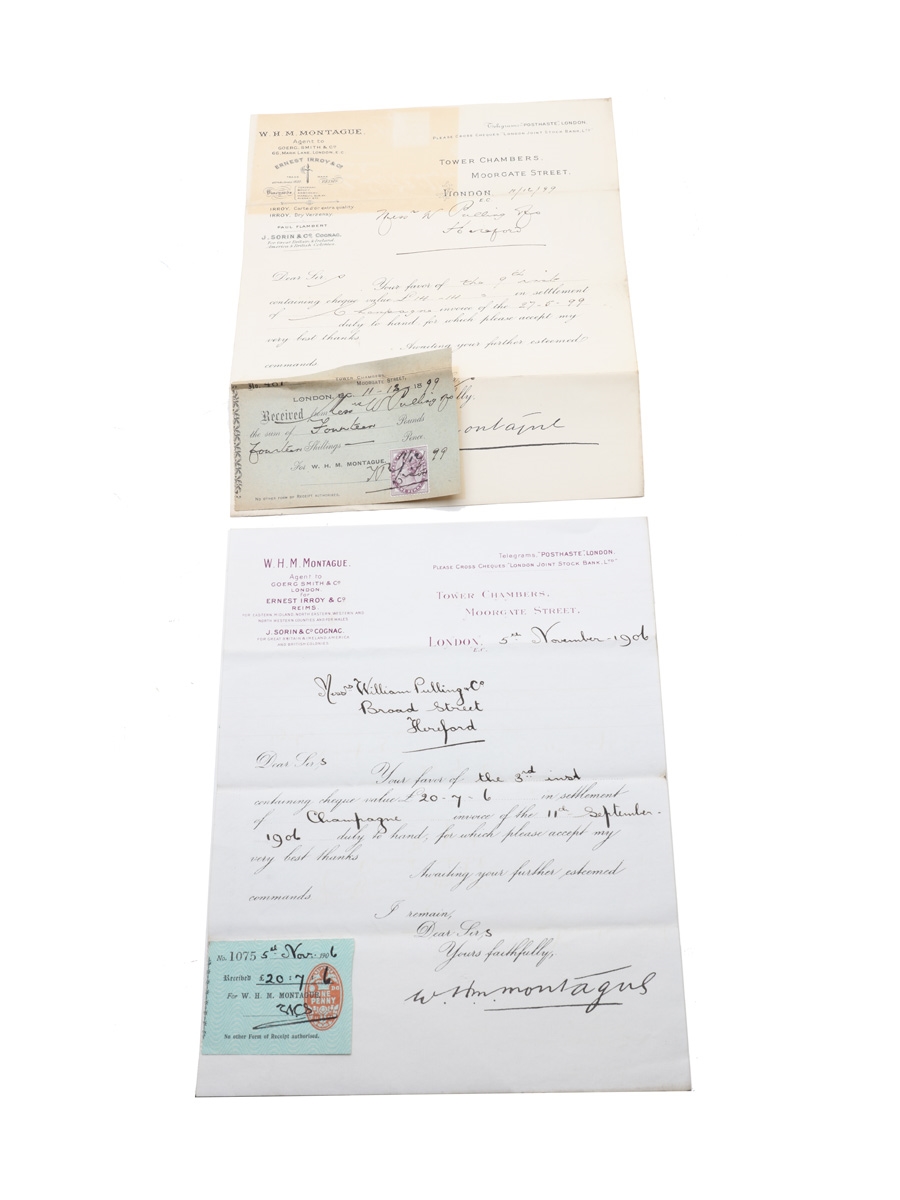 W H M Montague Correspondence & Purchase Receipt Dated 1893-1907 William Pulling & Co. 
