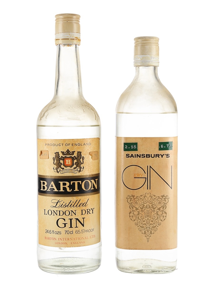Barton London Dry Gin & Sainsbury's Dry Gin Bottled 1970s 2 x 70cl - 75.7cl