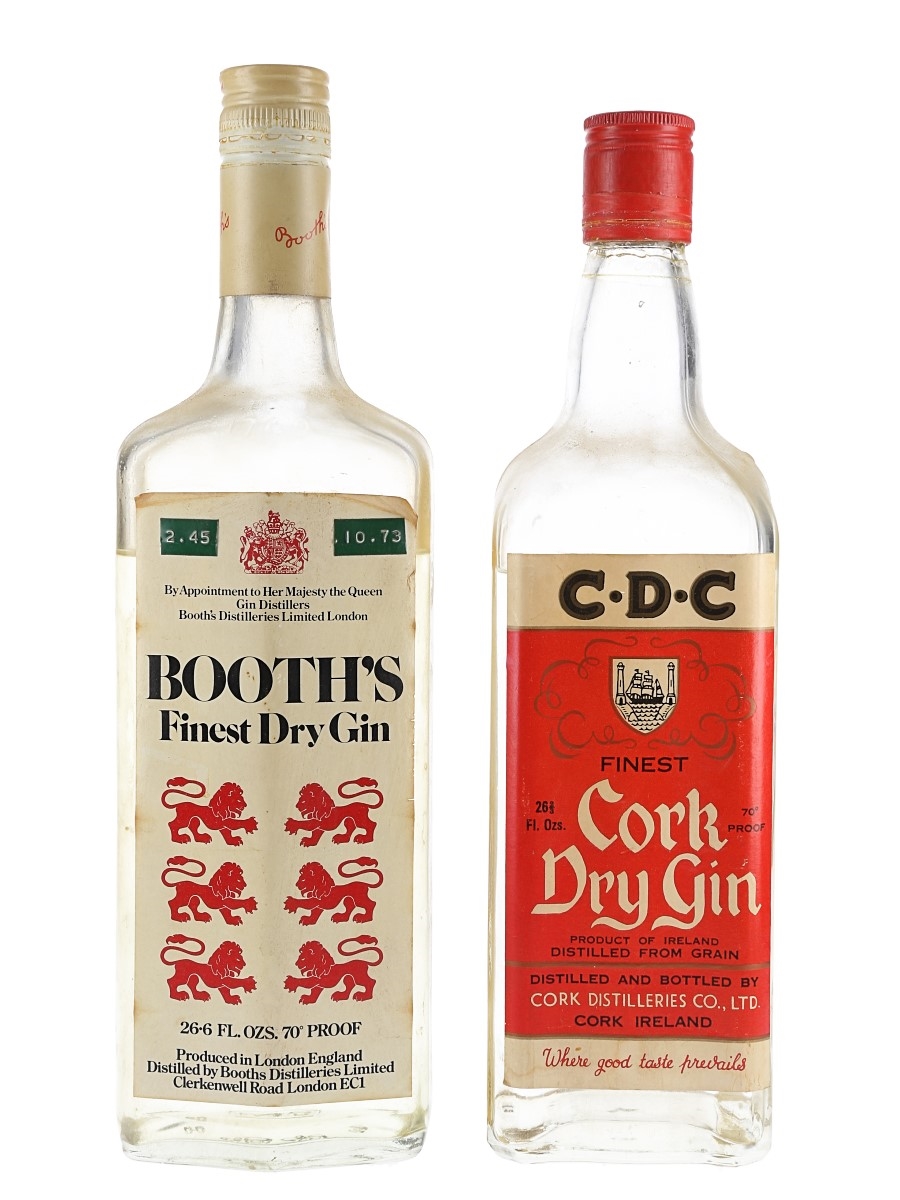 Booth's Finest Dry Gin & Cork Dry Gin Bottled 1970s 2 x 75.7cl / 40%
