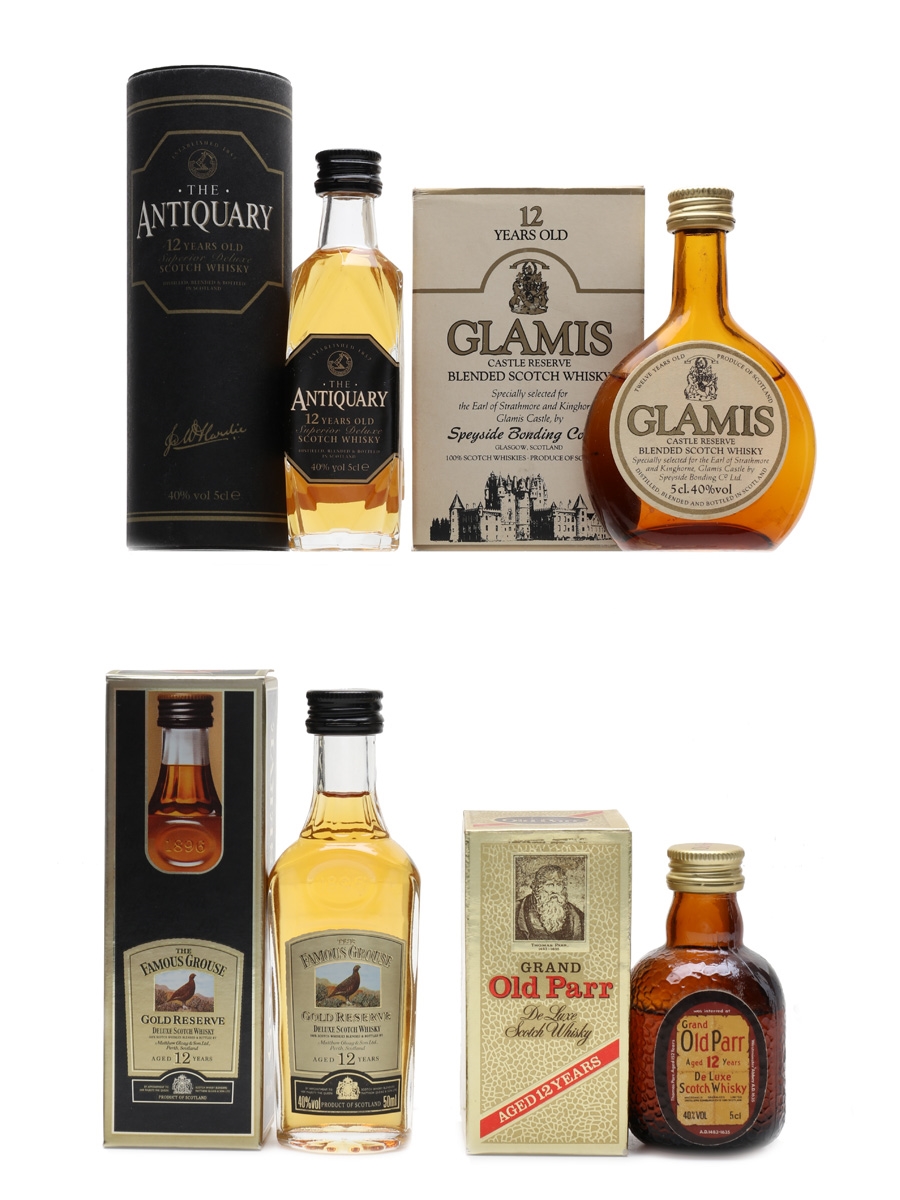 Antiquary 12 Year Old, Famous Grouse Old Reserve, Glamis Castle Reserve & Old Parr 12 Year Old Bottled 1980s-1990s 4 x 5cl
