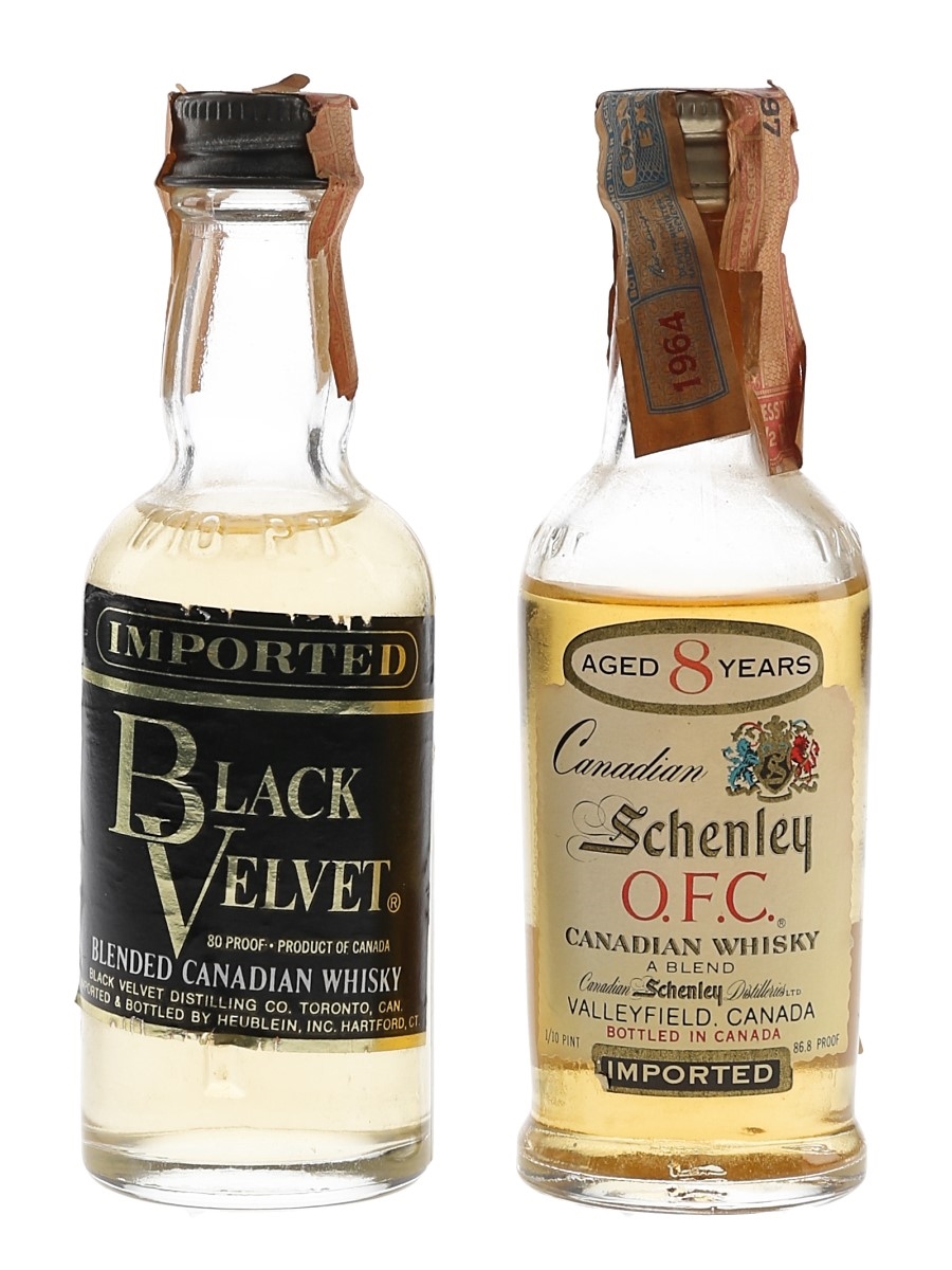 Schenley OFC 8 Year Old 1964 & Black Velvet Bottled 1970s 2 x 4.7cl-5cl