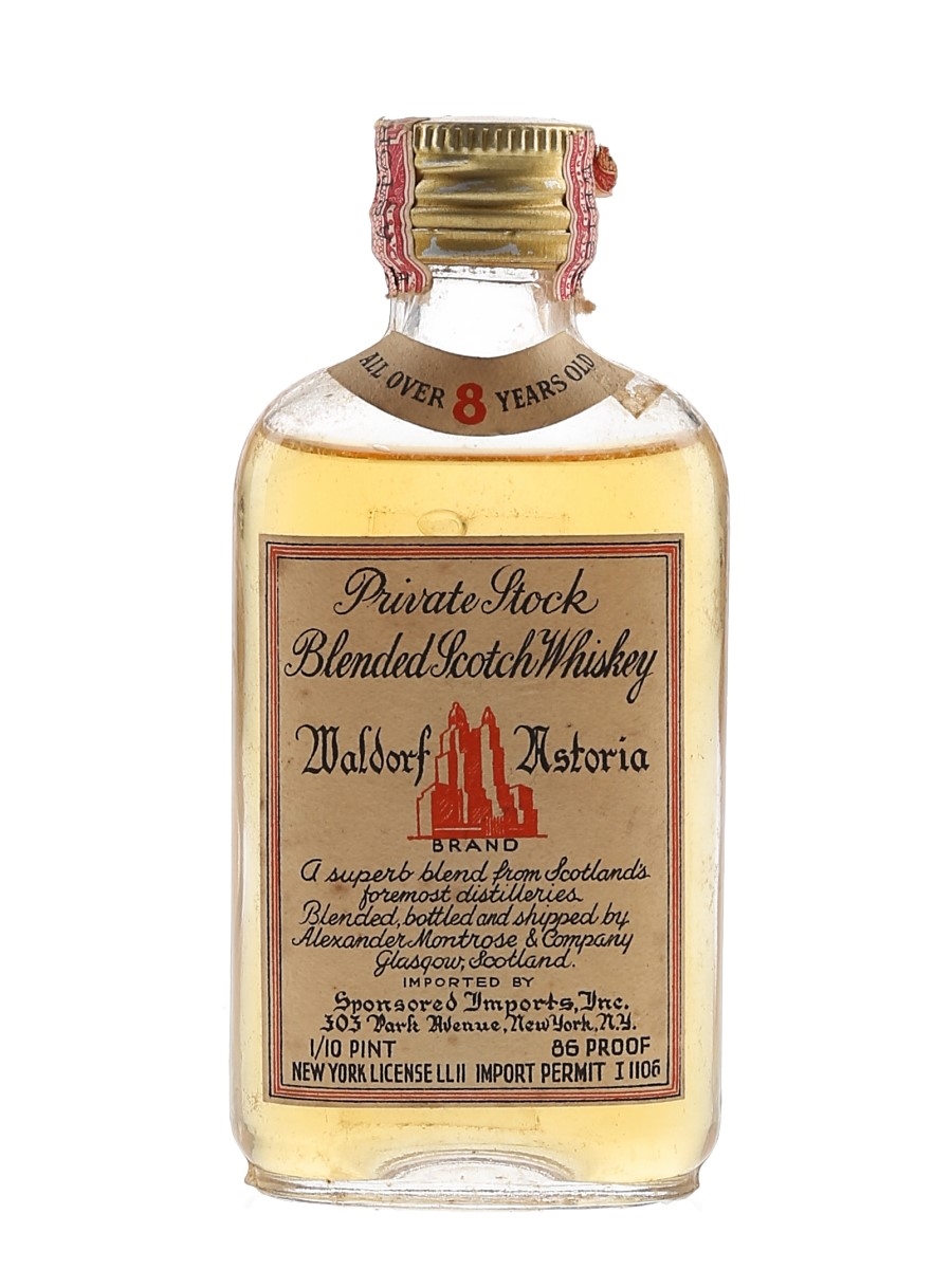 Waldorf Astoria 8 Year Old Bottled 1930s - Sponsored Imports Inc. 4.7cl / 43%