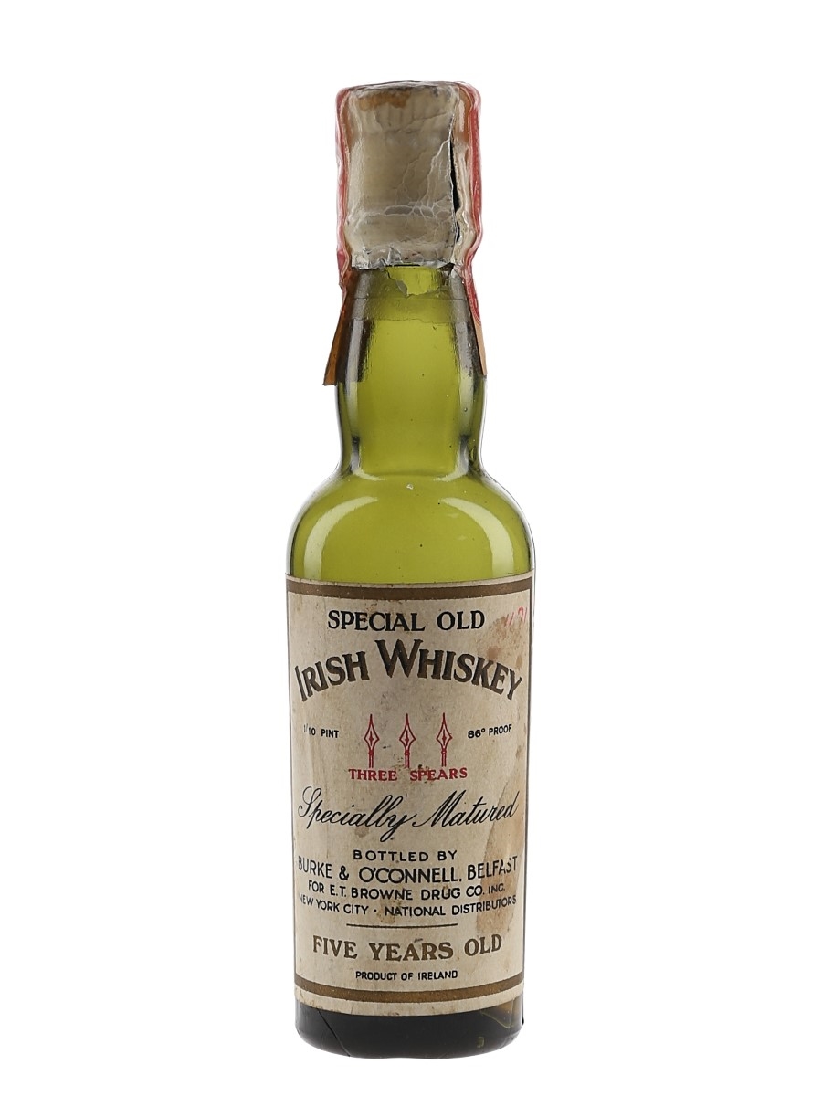 Three Spears 5 Year Old Irish Whiskey Bottled 1930s-1940s - E T Browne Drug Co. 4.7cl / 43%