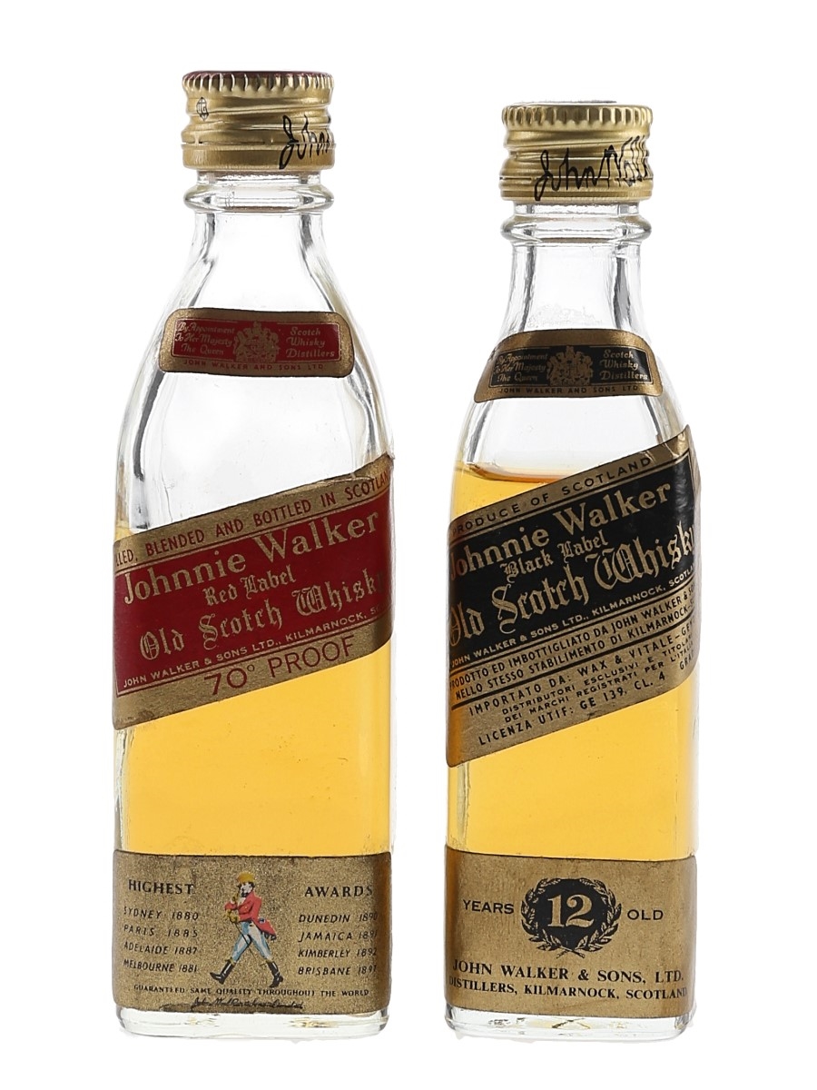 Johnnie Walker Black Label & Red Label Bottled 1970s 2 x 4cl-5cl / 40%