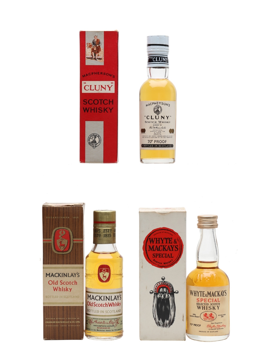 Mackinlay's Old Scotch Whisky, MacPherson's Cluny & Whyte & Mackays Bottled 1960s to 1970s 3 x 5cl