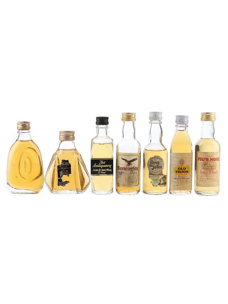 Assorted Blended Scotch Whisky Antiquary, Beneagles, Long John, Old Troon, Pig's Nose, Something Special & Unlabeled Miniature 7 x 4.7-5cl / 40%