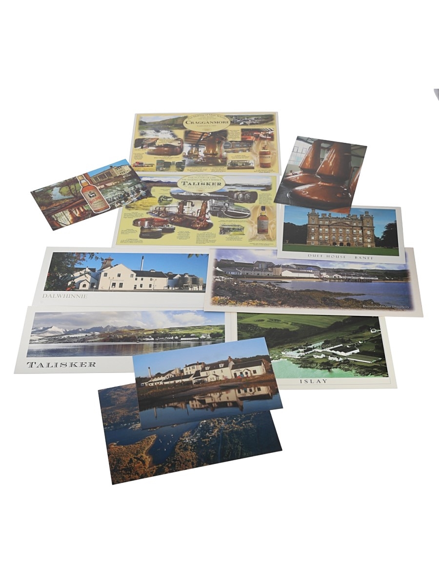 Scotch Whisky Postcards Cragganmore, Bunnahabhain, Dalwhinnie,Duff House, Islay, Jura, Talisker, Tarbert & White Horse 