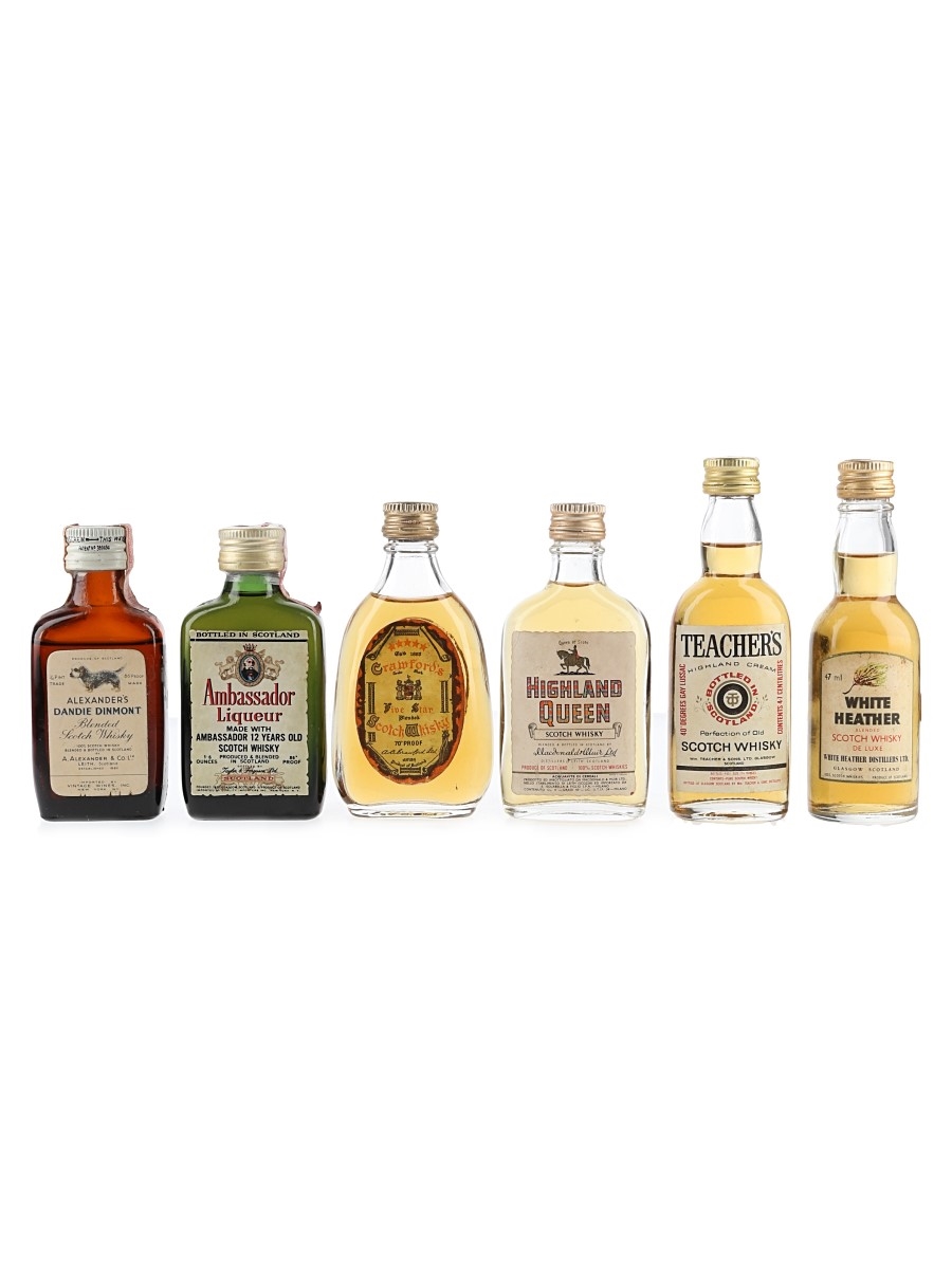 Assorted Blended Scotch Whisky Alxander's Dandie Dinmont, Ambassador Liqueur 12 Year Old, Crawfords Five Star, Highland Queen, Teacher's & White Heather 6 x 4.5cl-5cl