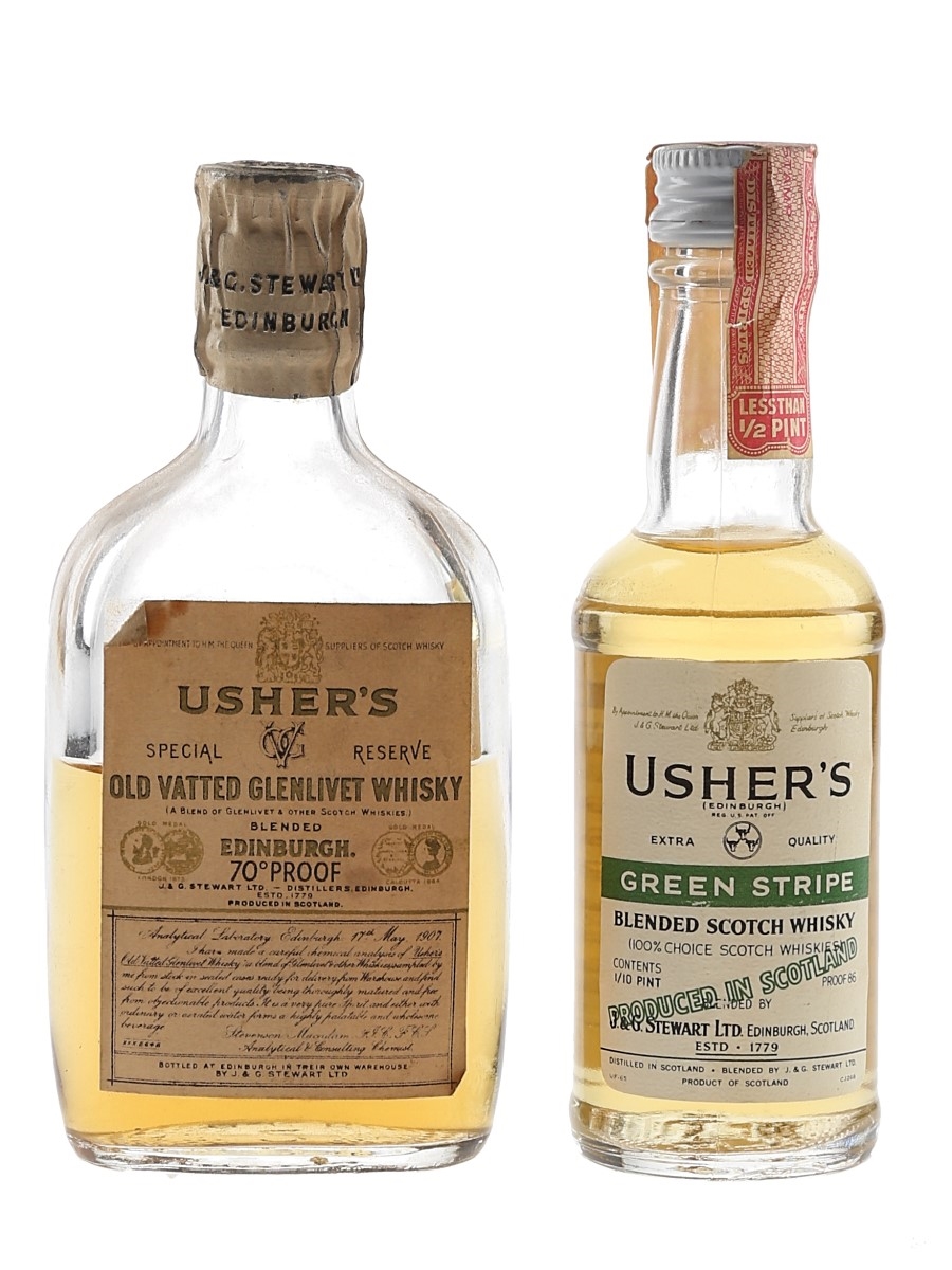 Usher's Old Vatted Glenlivet & Green Stripe Bottled 1950s-1960s 2 x 4.7cl-5cl