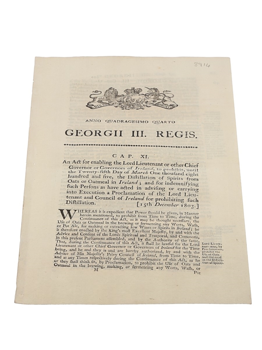 Act To Prohibit The Distillation Of Spirits & Oats From Ireland Ect., Dated 1803 In the 44th Year of King George III 
