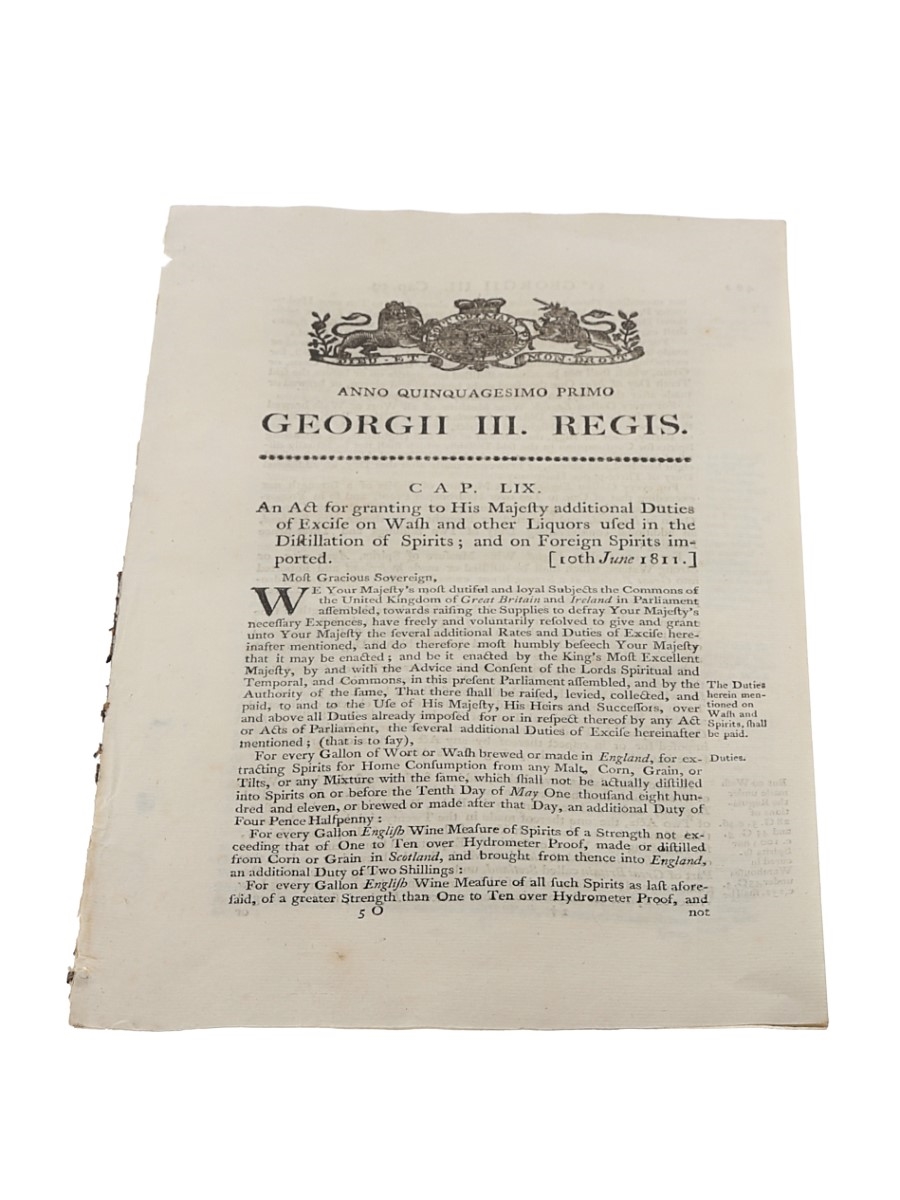 Act Granting To His Majesty Additional Duties Of Excise On Wash And Other Liquors Used In the Distillation Of Spirits; And On Foreign Spirits Imported, Dated 1811 In the 51st Year of King George III 