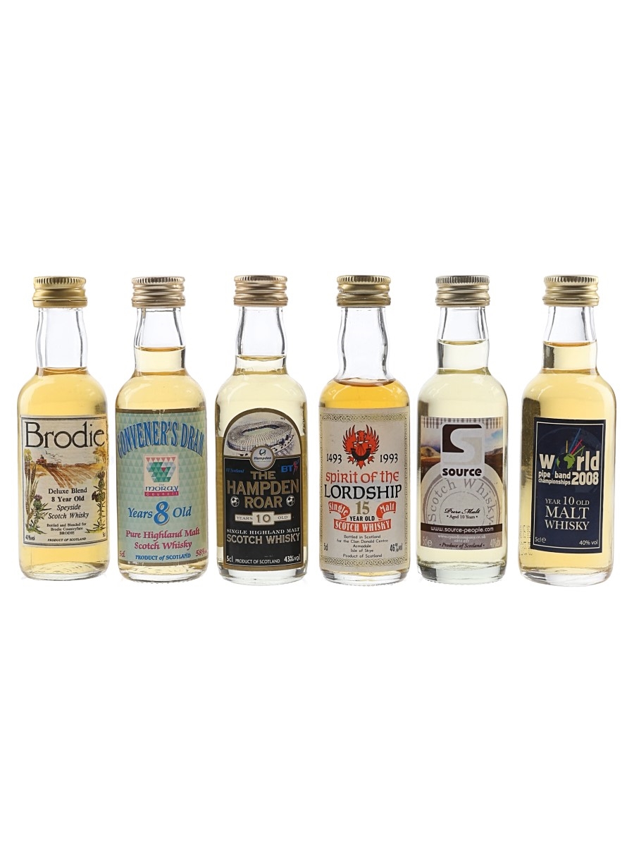 Assorted Blended Scotch Whisky Brodie 8 Year Old, Convener's Dram 8 Year Old, Hampden Roar 10 Year Old, Spirit Of The Lordship 15 Year Old, Source & World Pipe Band 2008 6 x 5cl